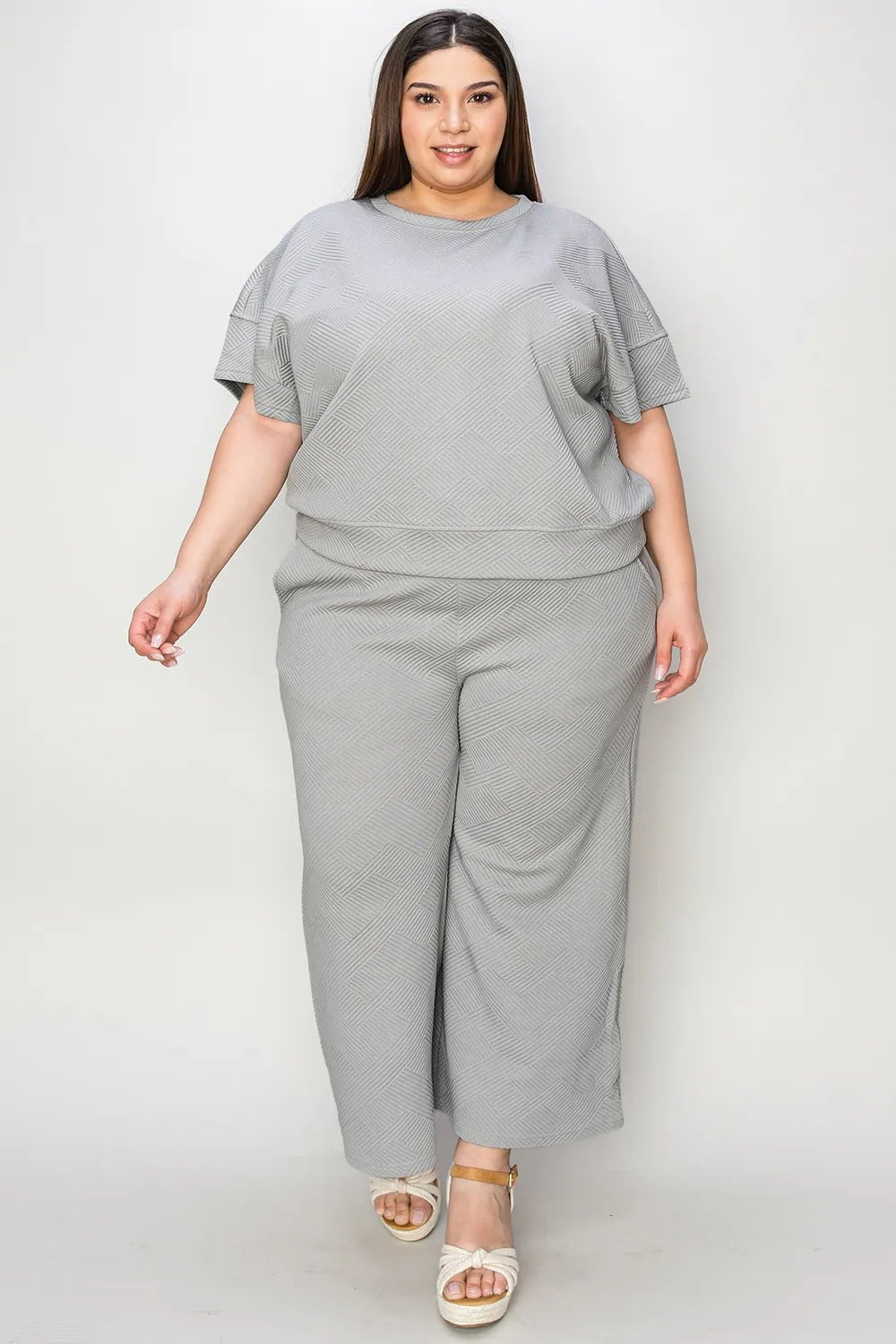 Double Take Full Size Texture Short Sleeve Top and Pants Set - Bela Fils BoutiqueBela Fils Boutique